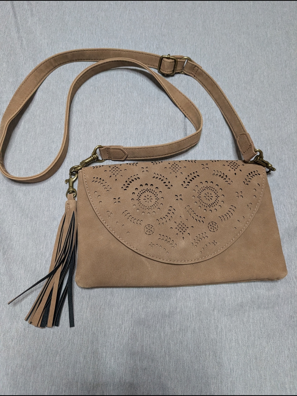 Maurices Tan Suede Laser-Cut Crossbody with Tassel